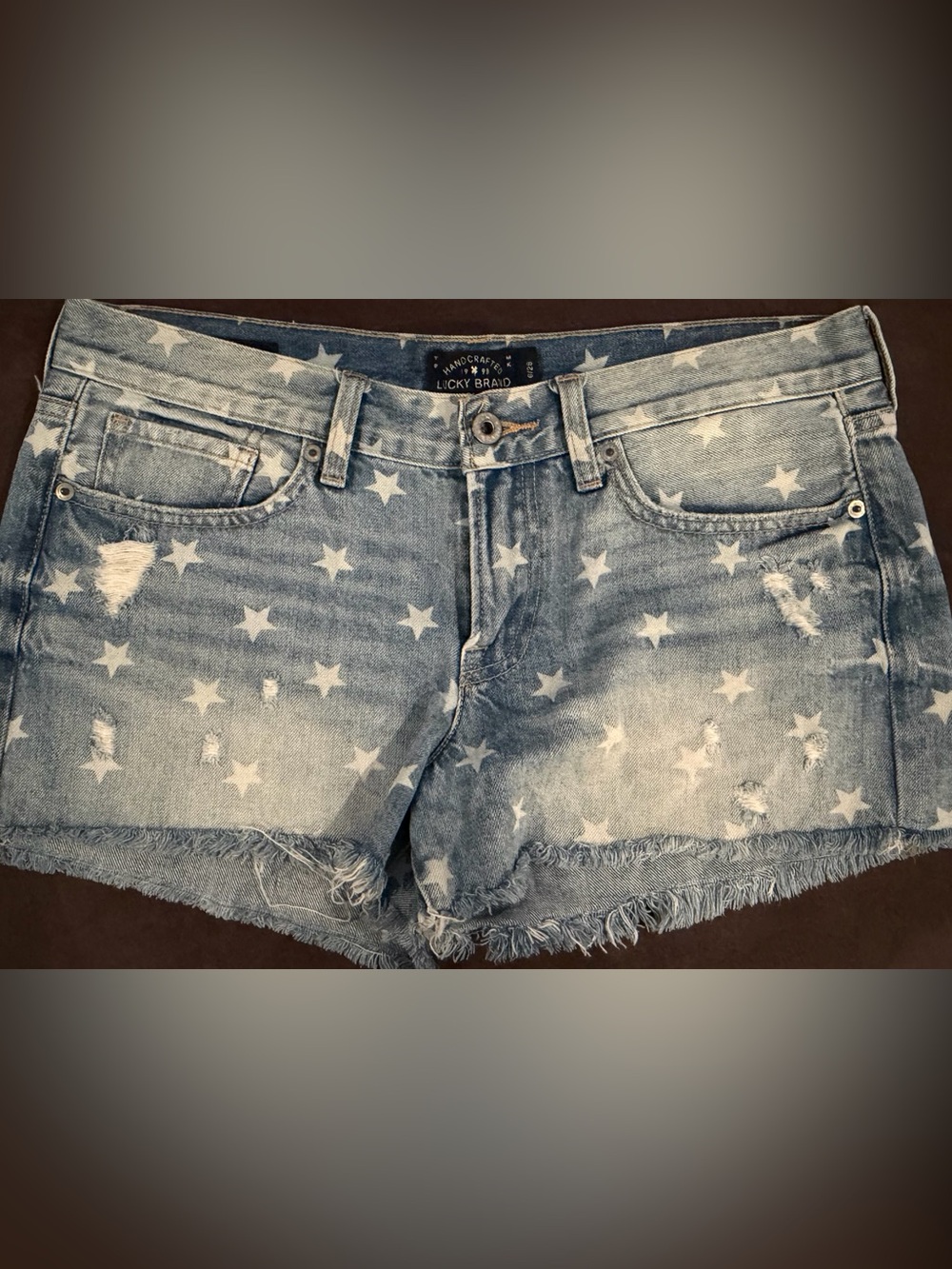 Lucky Brand Light Blue Star-Print Denim Cutoff Shorts Low Rise 6/28